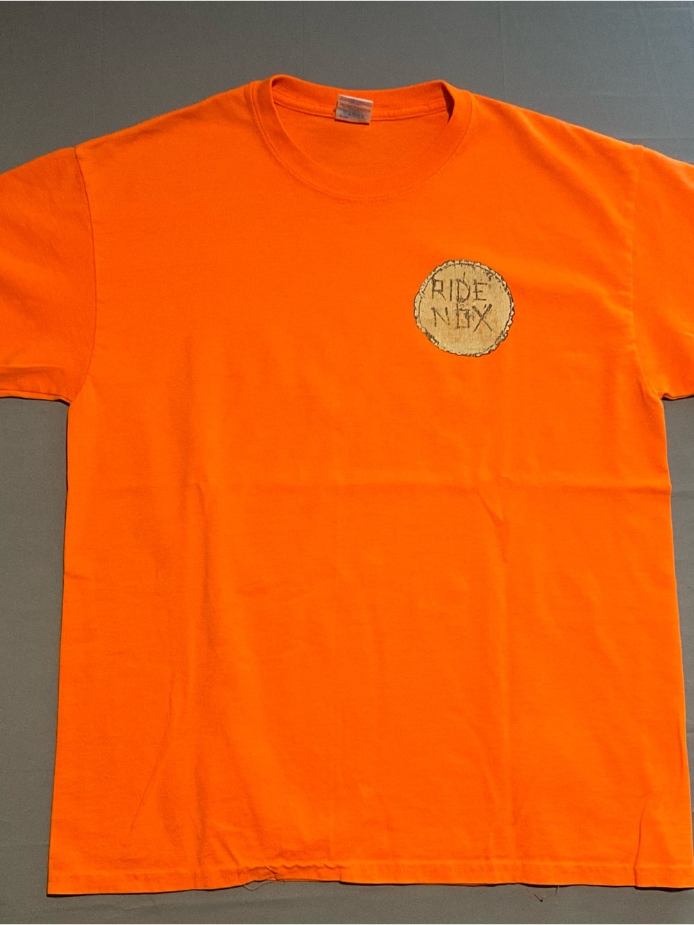 Mens Orange Graphic T Shirt Mounting Bike Trains Lake Nox - Size Large